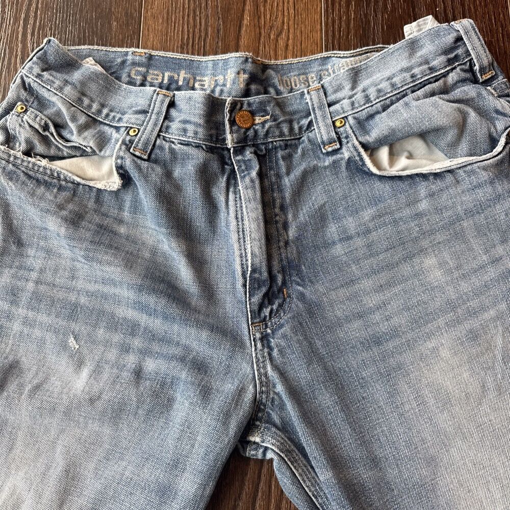 Carhartt Men's Blue Denim Jeans Loose Straight Fit 5-Pocket Button Zip 34 X 34